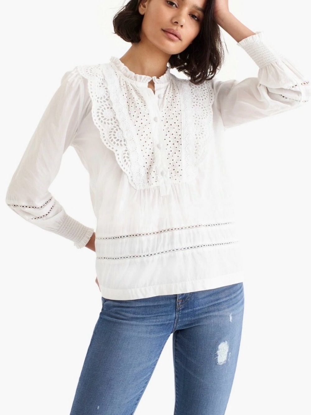 J. Crew White Ruffle Collar Eyelet Lightweight Cotton Long Sleeve Blouse Top 10 - Picture 2 of 14